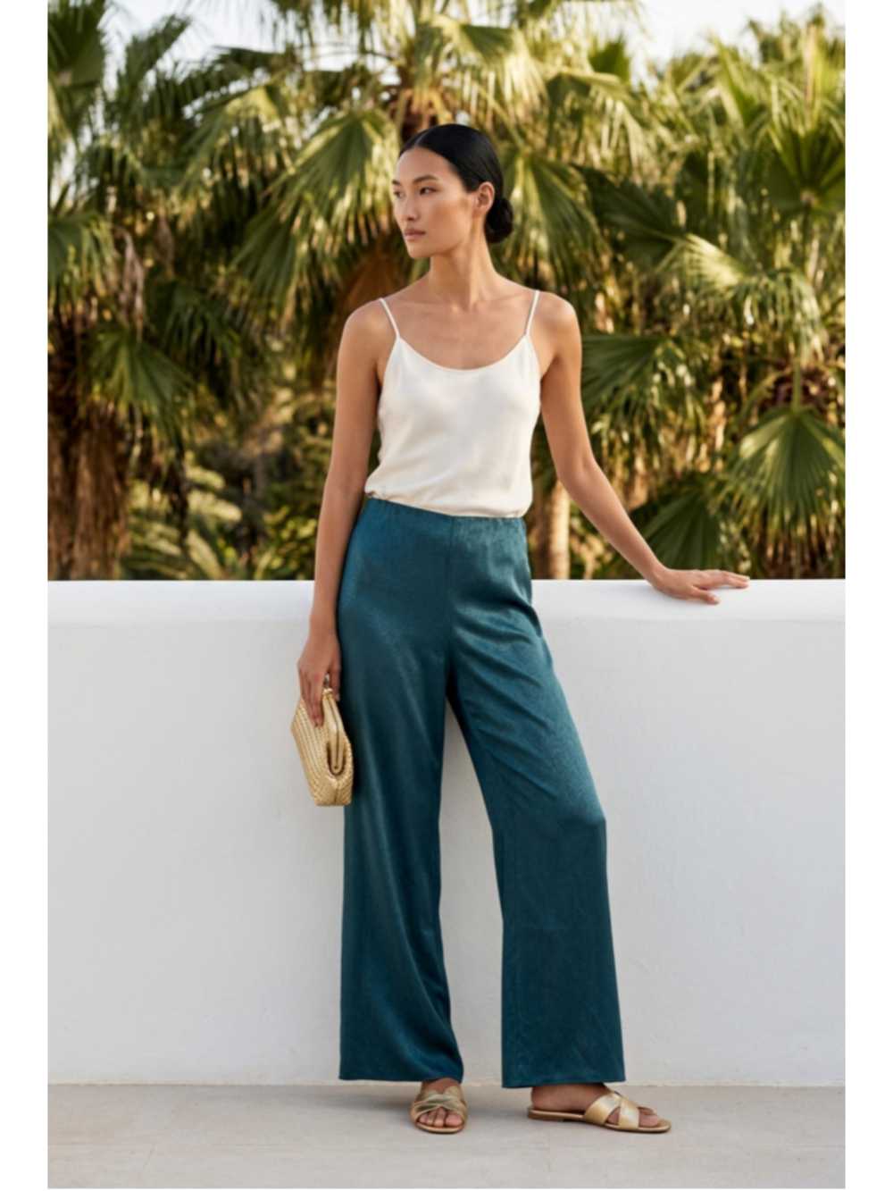 Vince Wide Leg Satin Pants in Deep Green